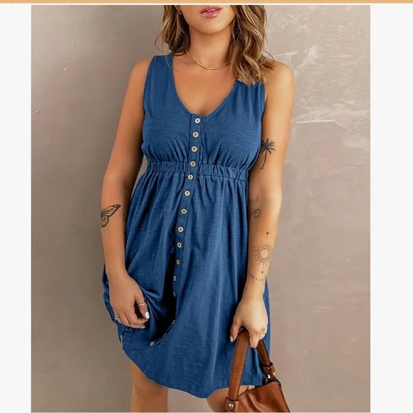Blue Sleeveless Button-Down Dress - Picture 2 of 7